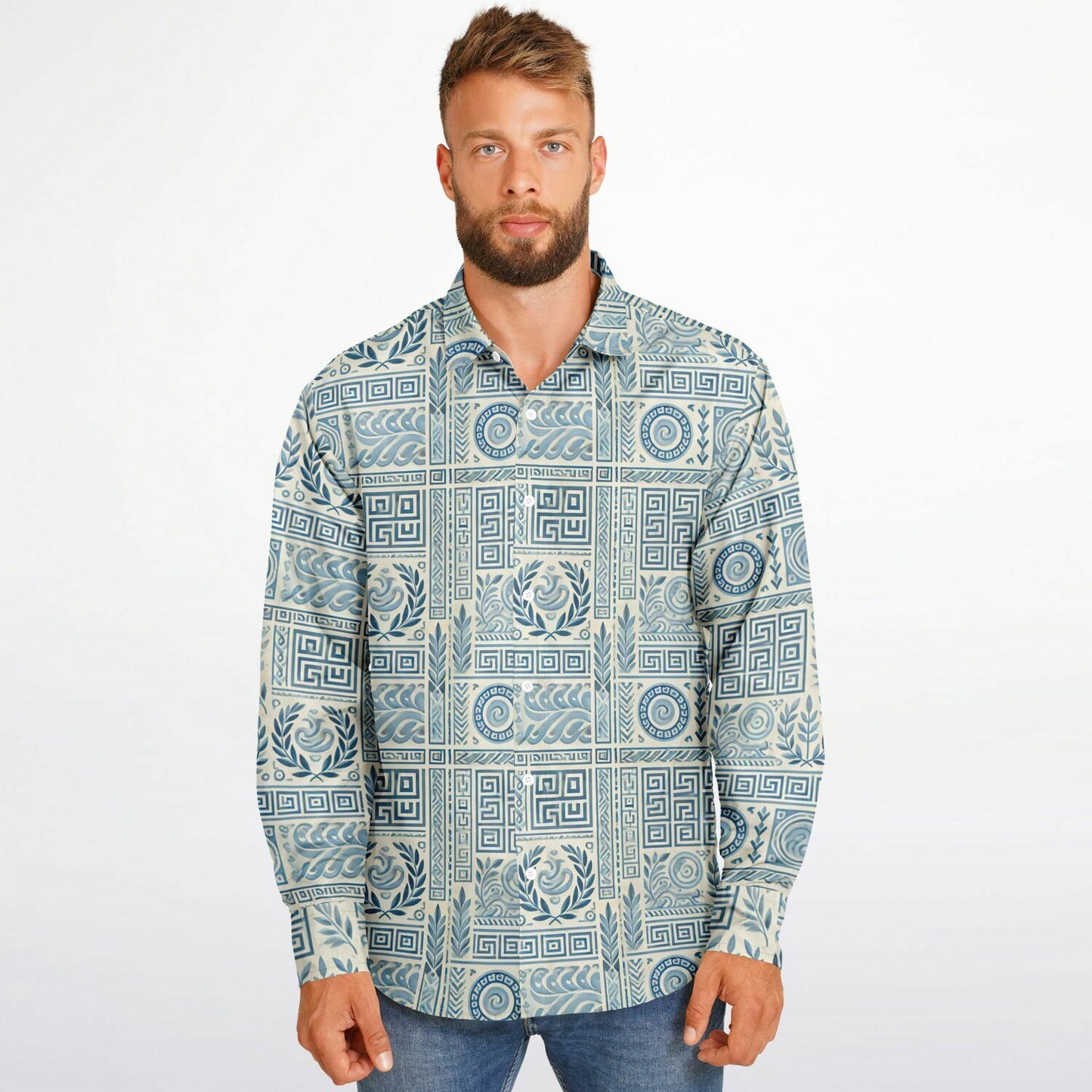 Long Sleeve Button Down Shirt `Greek Art`